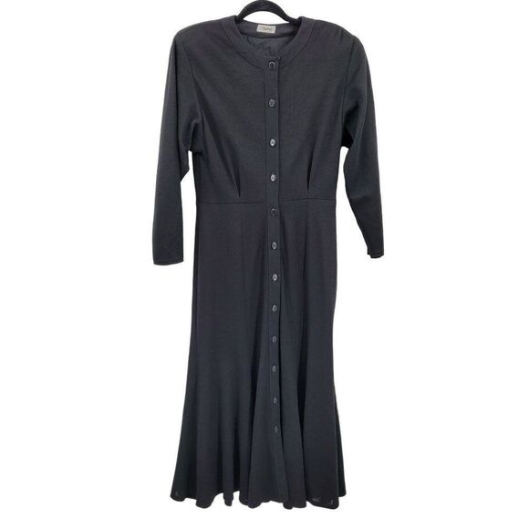 Vintage 80s Tahari Dress Wool Knit Modest Long Sleeve Maxi Button Aline Black 8 - Picture 3 of 14